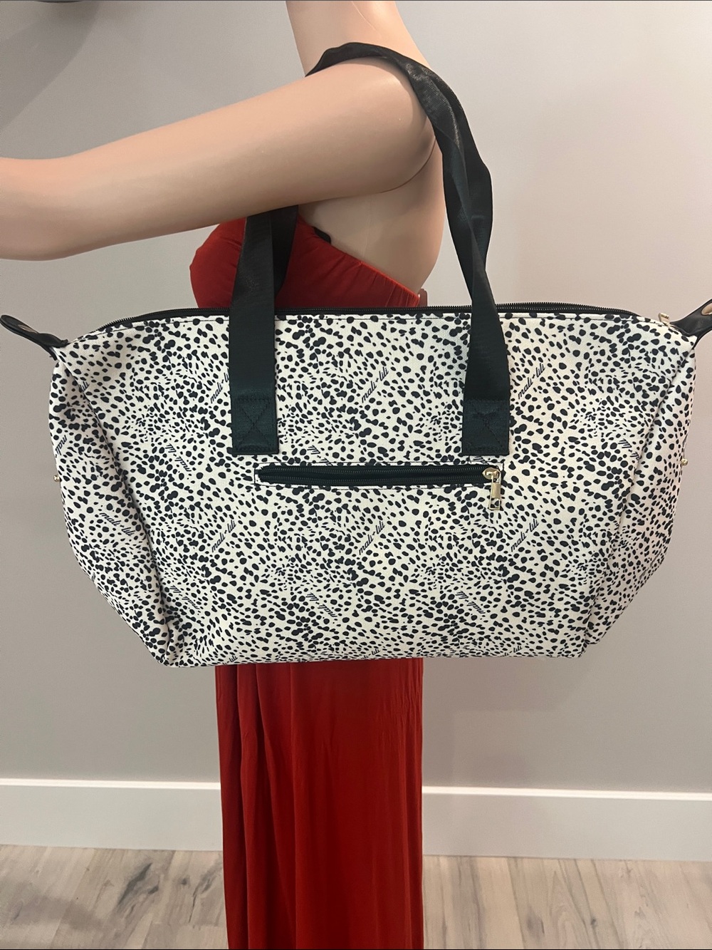 Black and White Speckled Tote Bag with Black Straps